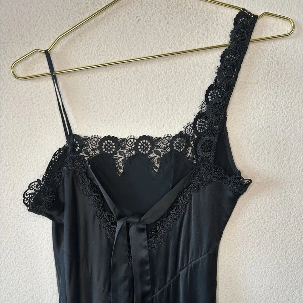 Vintage Y2K Black Silk Slip Dress Lace One Shoulder Maxi Goth S/M - Picture 3 of 13